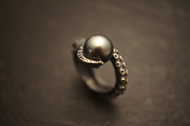 925 纯银Tahitian珍珠八爪鱼戒指 (R71) - 戒指 - 纯银 黑色