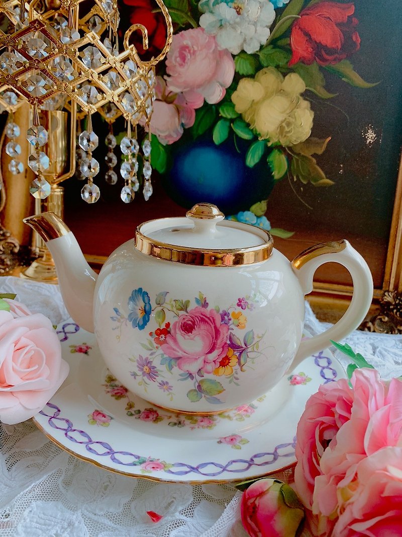 英国制1950年 手绘花绘古董花茶壶 咖啡壶完整美丽 - 茶具/茶杯 - 瓷 多色