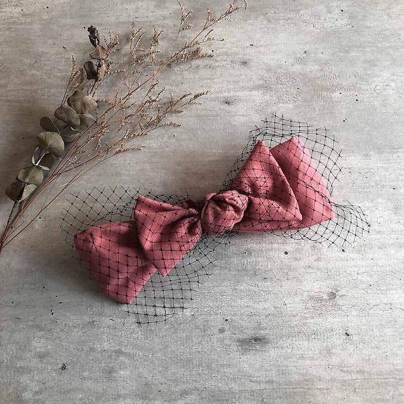 玫瑰粉网纱麂皮胡蝶结发带 - 发带/发箍 - 棉．麻 粉红色