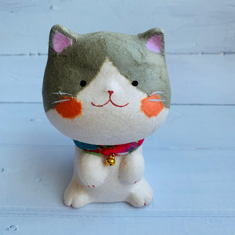 幸福多良福猫-小-和纸灰色猫 - 摆饰 - 纸 