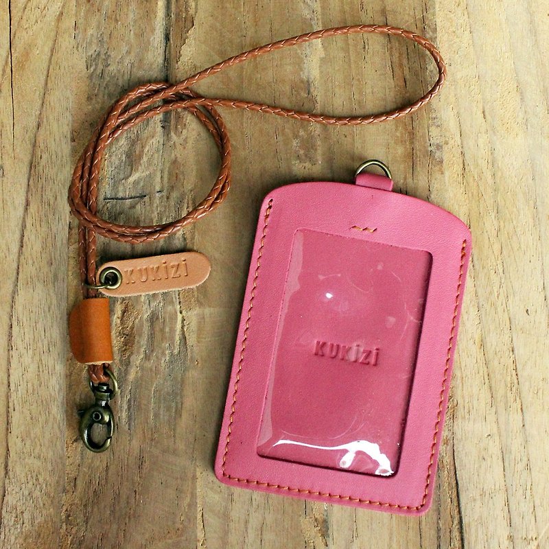 ID case/ Pass case/ Card case - ID 2 - Pink+Tan Lanyard (Genuine Cow Leather) - 证件套/卡套 - 真皮 