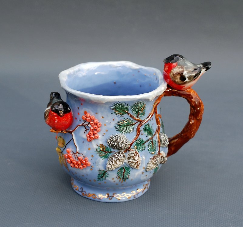 Blue Porcelain Art mug Birds figurines Rowan pine berries decor Bullfinch - 咖啡杯/马克杯 - 瓷 多色