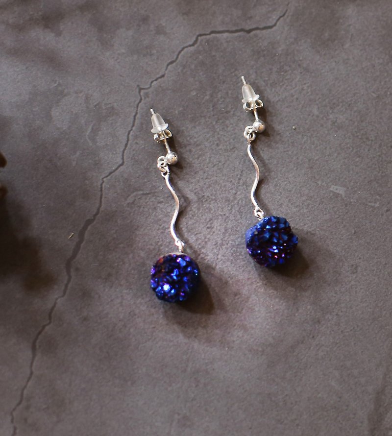 星空系列 - 925银 璀璨 水晶耳环 圆形 - 耳环/耳夹 - 水晶 蓝色