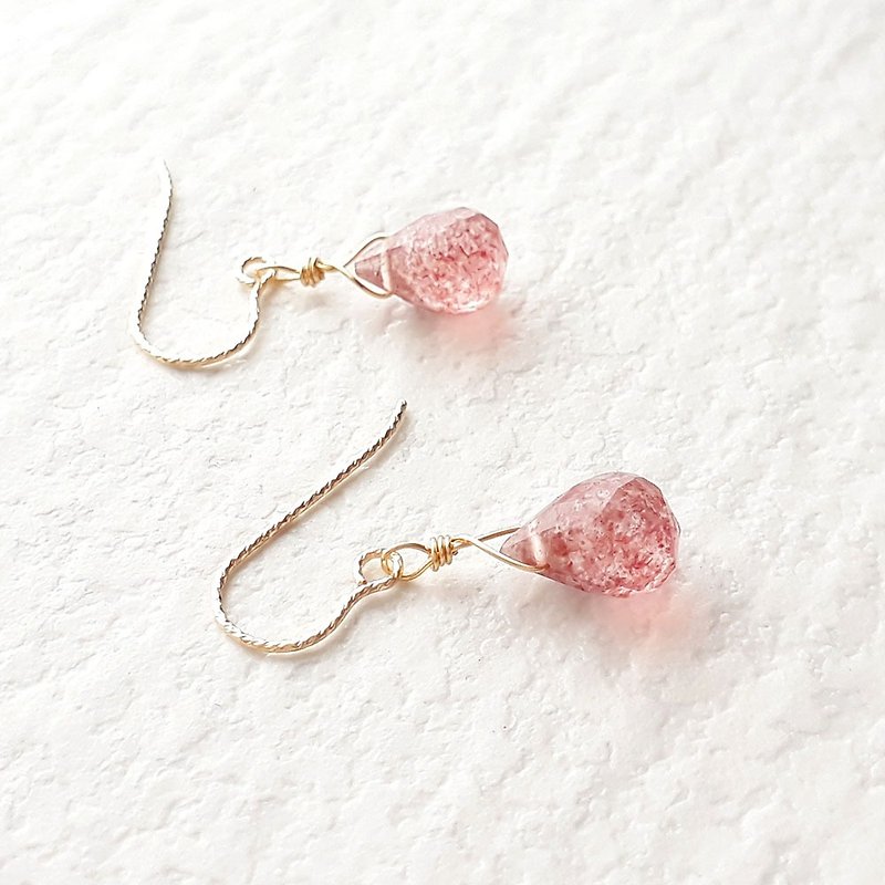 14KGF 草莓晶strawberry quartz 水滴切面耳环 (夹式可) - 耳环/耳夹 - 半宝石 