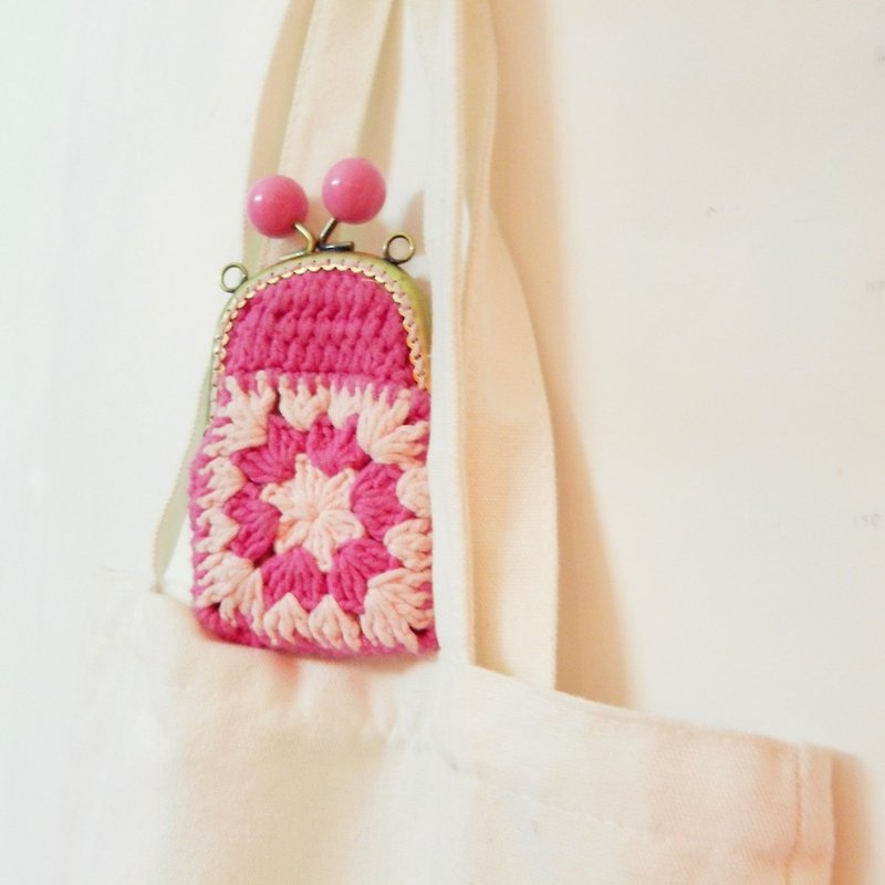 独立原创·鉤織系列 初春樱花粉拼接玫红色口金包零钱包 - 零钱包 - 其他材质 粉红色