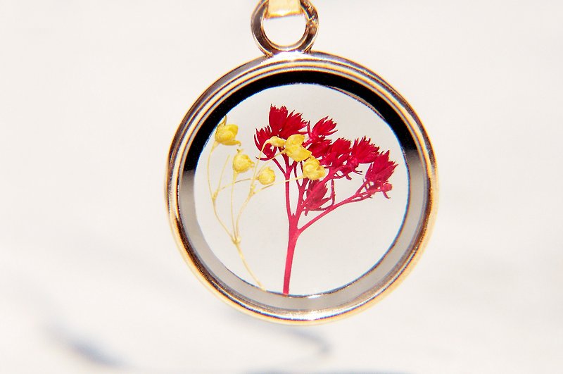 母亲节礼物 / 森林女孩 / 法式透明感双面玻璃干燥花项链 - 红色花朵 + 黄色满天星 - 项链 - 玻璃 多色