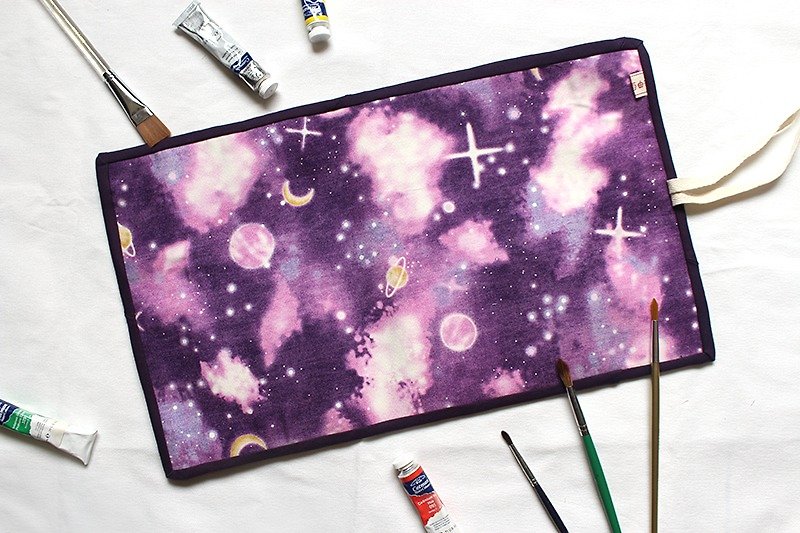 宇宙画具袋-紫/笔袋 工具收纳袋 滚边 巻物ケース 水彩絵具 - 铅笔盒/笔袋 - 棉．麻 紫色