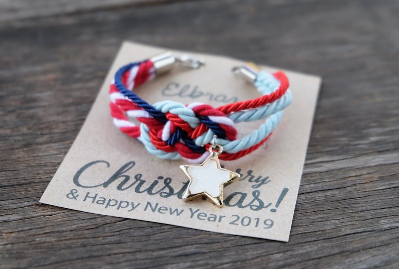Infinity knot white star bracelet in red navy icy blue - Christmas bracelet - 手链/手环 - 其他材质 多色