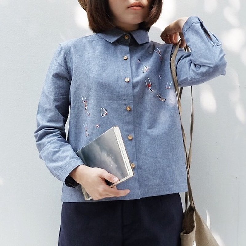 Long-slevees Shirt : Grey mix Blue Color - 女装上衣 - 绣线 蓝色