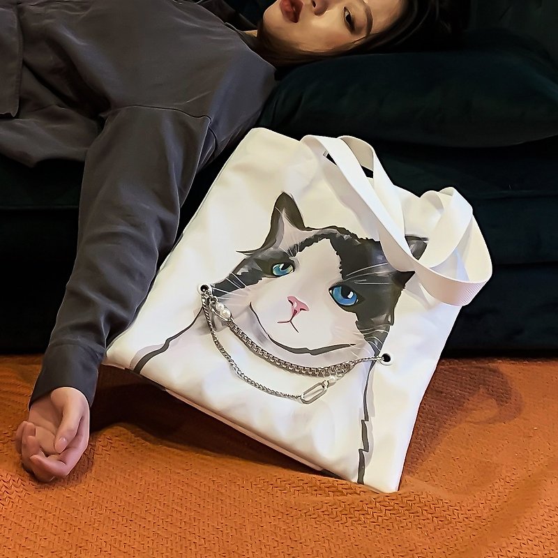 猫咪双面插画帆布包白色-布偶猫(包链项链两用) - 手提包/手提袋 - 聚酯纤维 白色