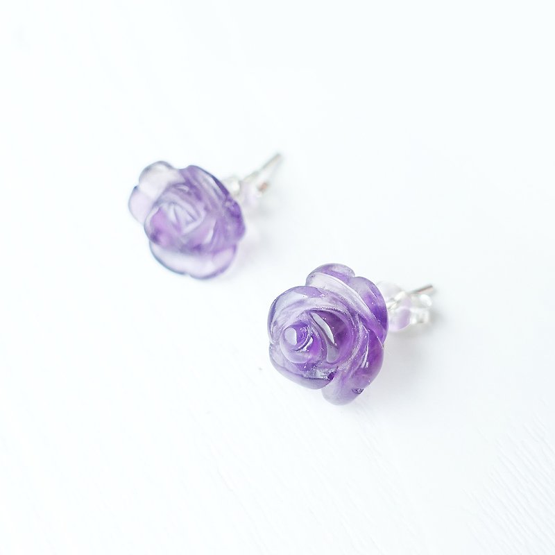 ROSE玫瑰-限量 紫晶 手工雕刻 天然石 纯银 耳环 - 耳环/耳夹 - 其他材质 紫色