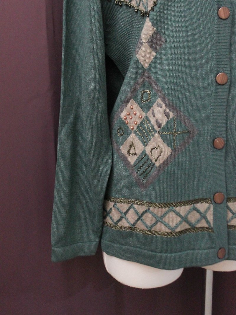 复古日本制几何图形蓝绿色羊毛古着针织毛衣外套 - 女装针织衫/毛衣 - 羊毛 绿色