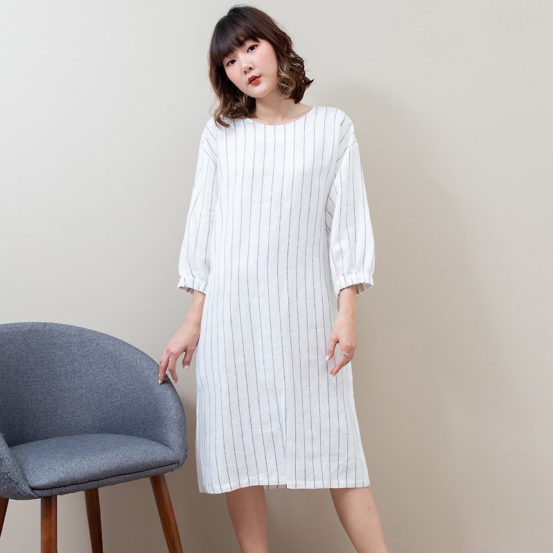 Half Sleeve Elastic Cuff Dress (White Striped) - 洋装/连衣裙 - 亚麻 白色