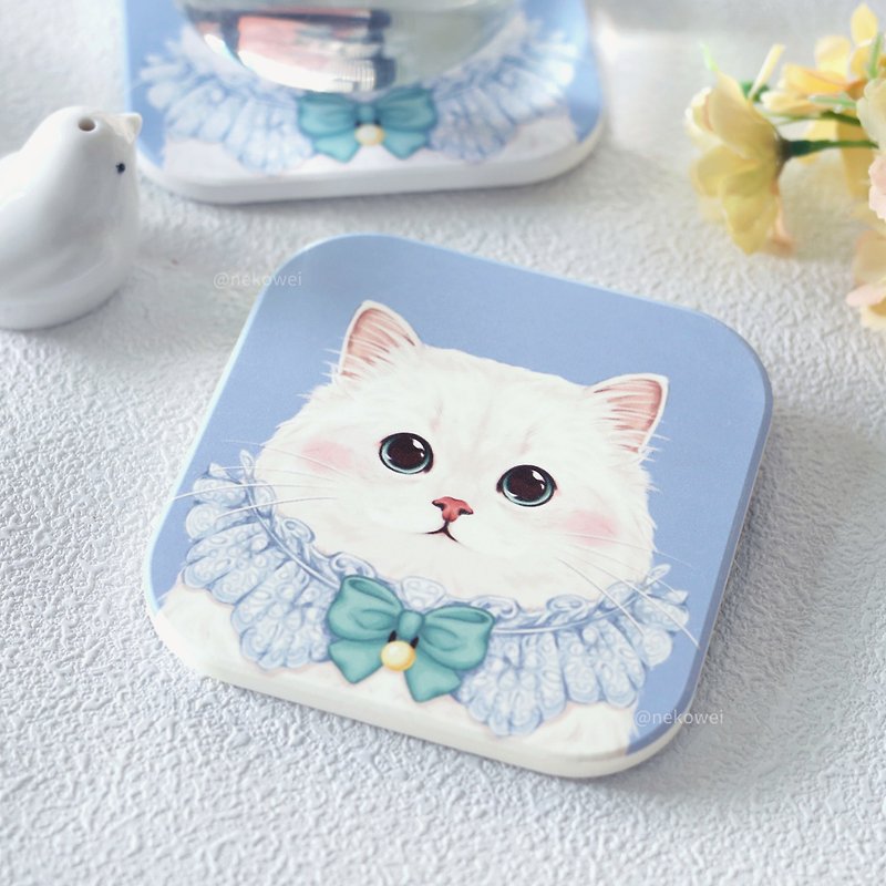 胖胖白猫 陶瓷吸水杯垫 猫咪杯垫 猫猫 插画 可爱 原创 陶瓷杯垫 - 杯垫 - 陶 蓝色