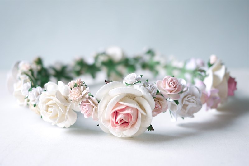 Paper Flower, Crown, Headband, Wedding, pink, soft pink, cream and white Color. - 发饰 - 纸 粉红色