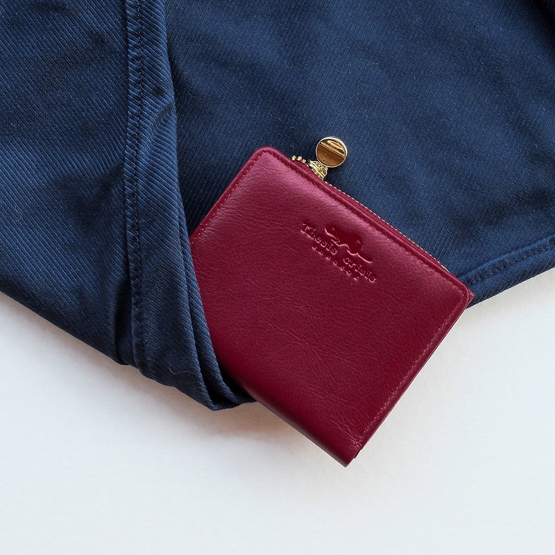 SOLD OUT- PEONY - SMALL LEATHER SHORT WALLET WITH COIN PURSE- DEEP RED - 皮夹/钱包 - 真皮 红色