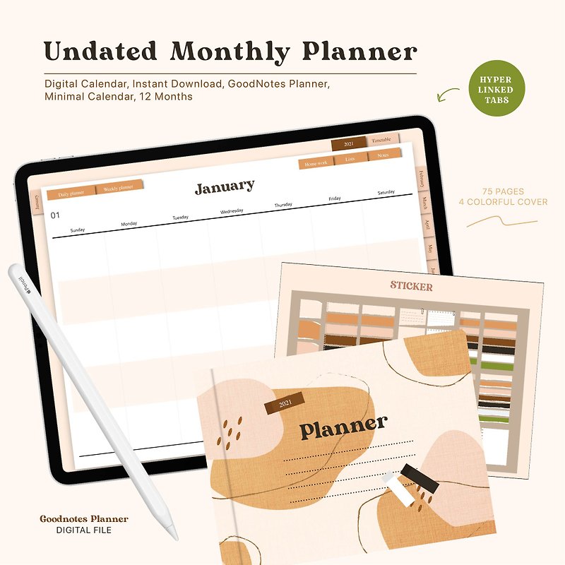 Digital Planner, Undated Monthly Planner,GoodNotes Planner, Minimal Calendar, 12 - 笔记本/手帐 - 其他材质 卡其色