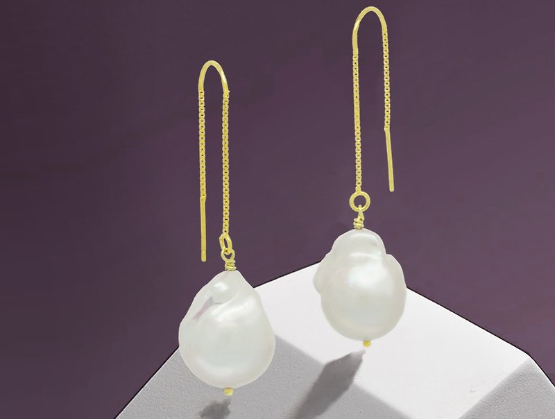 Edith & Jaz • 不定形淡水珍珠纯银链式耳环 - 金色 - 耳环/耳夹 - 宝石 金色