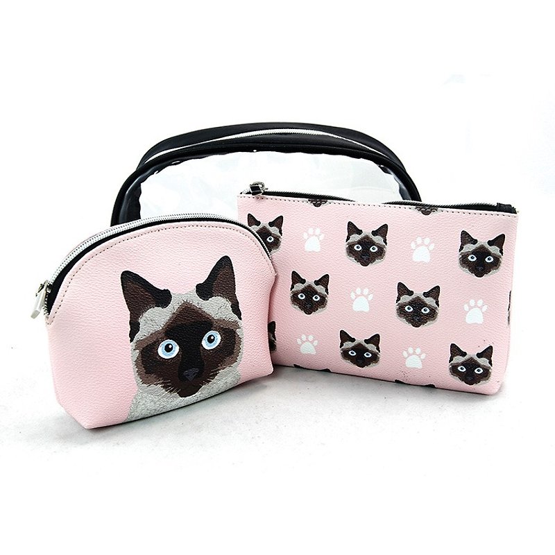 童趣暹罗猫三件组化妆包/万用收纳包 粉红色 - 爱雪莉 - 化妆包/杂物包 - 人造皮革 粉红色