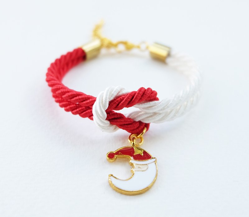Christmas gift collection , Red/White knot rope bracelet with Santa Cluas moon charm - 手链/手环 - 其他材质 红色