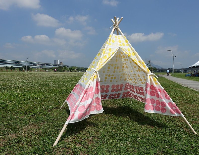 野餐 手工绢印 帐篷  黄柠檬粉嫩花朵(不含木棍) - 野餐垫/露营用品 - 棉．麻 多色