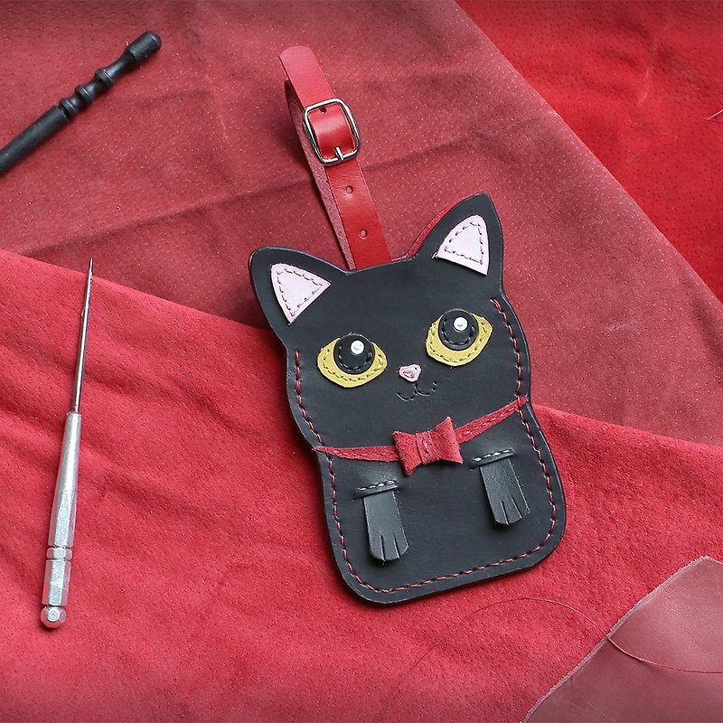 猫咪-黑猫 手工皮革证件套/悠游卡/识别证卡套 - 证件套/卡套 - 真皮 黑色