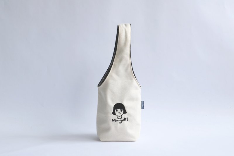 MaryWil定制插画刺绣双面环保杯套饮料提袋 - 随行杯提袋/水壶袋 - 棉．麻 白色