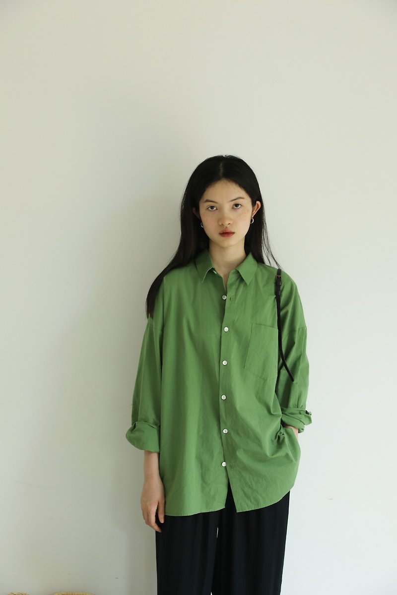 日本有机棉苹果绿衬衫设计感高级宽松上衣女 Green light - 女装衬衫 - 棉．麻 