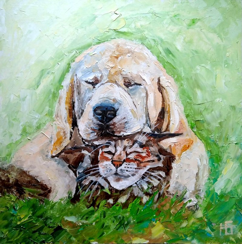 Dog and Cat Original Oil Painting, Funny Pet Portrait, Animalistic Wall Art - 海报/装饰画/版画 - 其他材质 多色