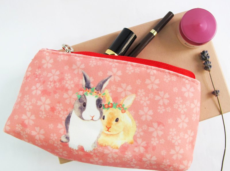 兔兔 化妆包 杂物包 笔袋 收纳包 - 手拿包 - 棉．麻 粉红色