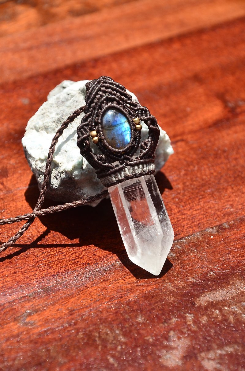 天然水晶-拉长石-手制花边编织项链 - 项链 - 宝石 灰色