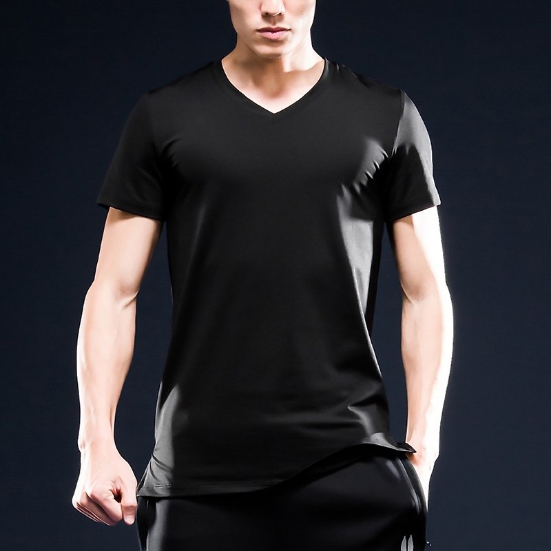 AquaTouch InstaDRY 男款1/4袖低领修身机能V领T恤 - 黑 - 男装运动衣 - 聚酯纤维 