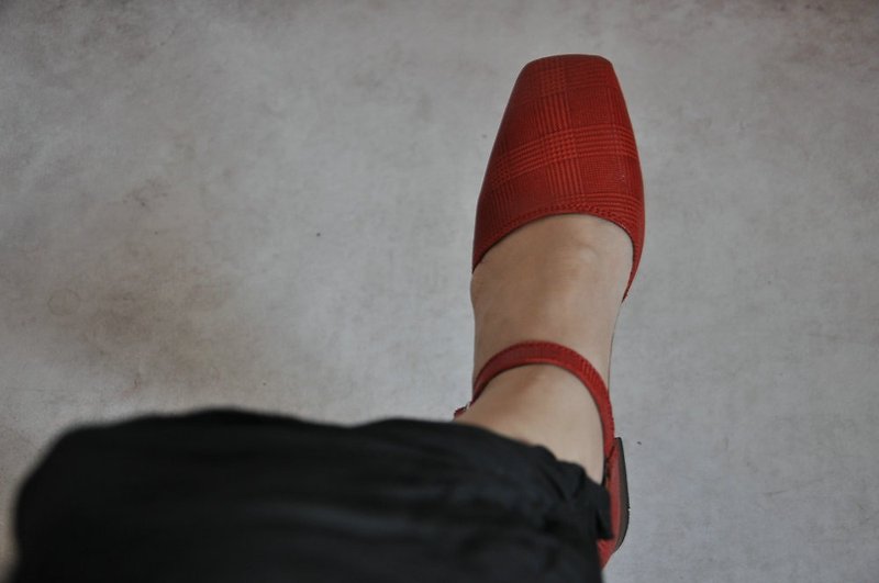 手工定制红色方头复古羊皮凉鞋 - 女款皮鞋 - 真皮 