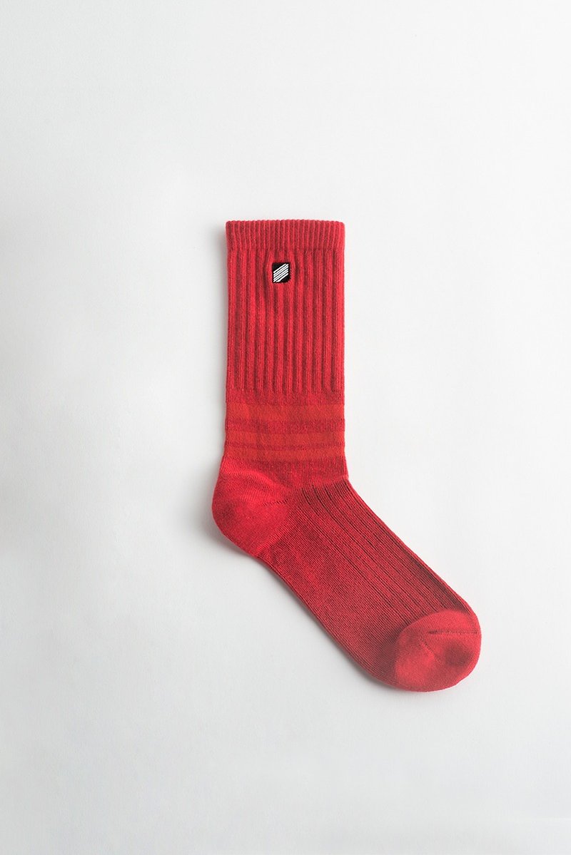 绯红　Crimson  中筒横条罗纹袜 - 袜子 - 棉．麻 红色