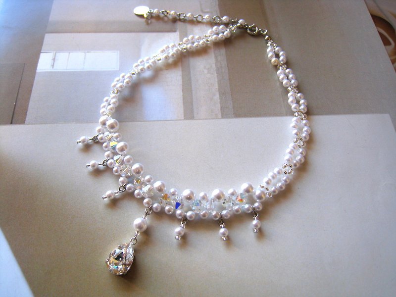 丝质珍珠与水晶吊坠项圈 / JD : 白色新娘* - 项链 - 珍珠 白色