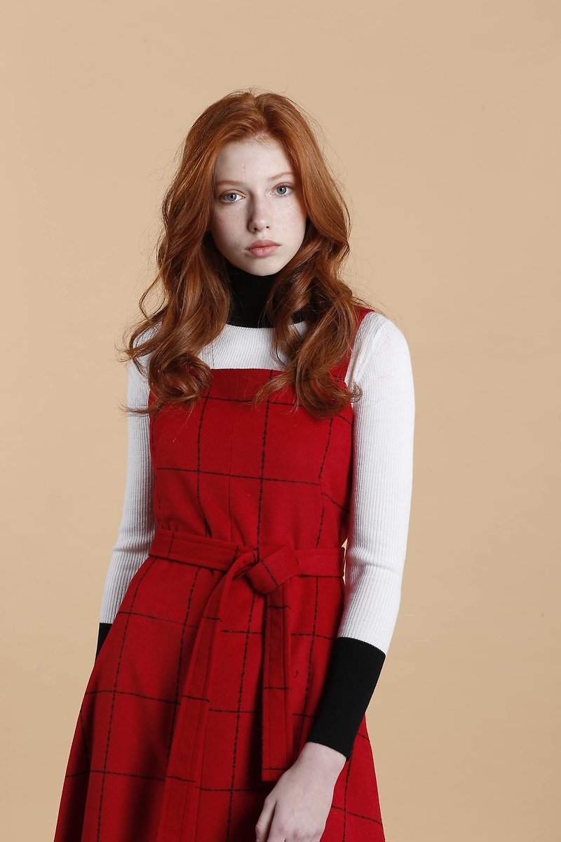 格纹毛料球型剪裁吊带洋装/红 - 洋装/连衣裙 - 羊毛 红色