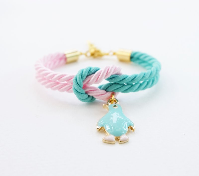 Matte Mint and pink knot bracelet with penguin charm - 手链/手环 - 其他材质 多色