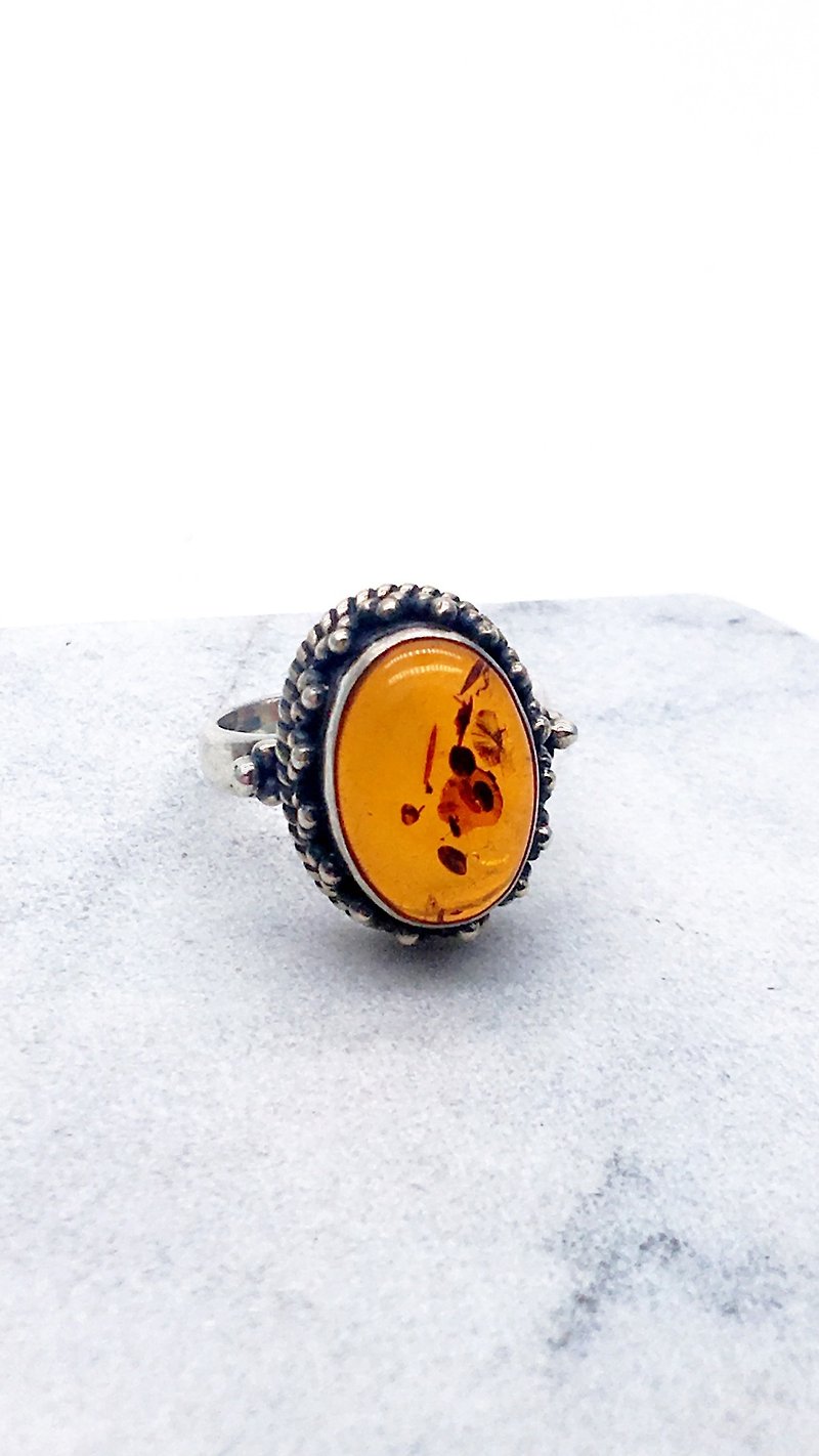 琥珀925纯银复古风格戒指 尼泊尔手工镶嵌制作 - 戒指 - 宝石 橘色