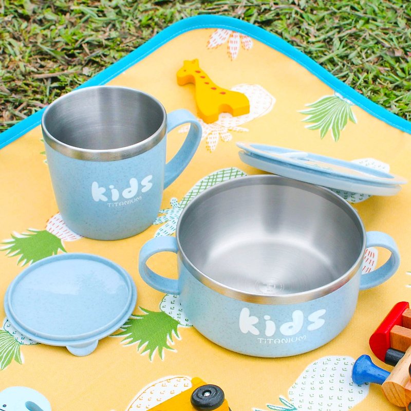纯钛儿童学习杯防漏碗组(双层 杯+防漏碗)-石灰蓝 - 儿童餐具/餐盘 - 其他材质 蓝色