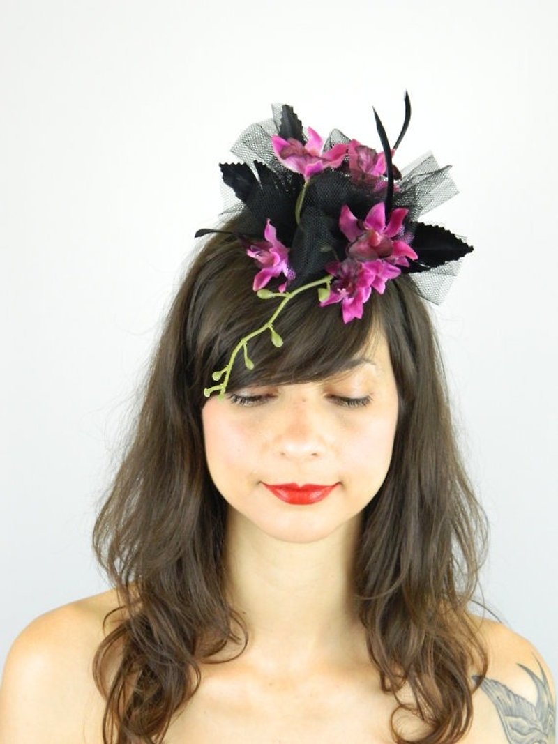 SALE! Fascinator Headpiece Hat Silk Pink Orchid Flowers Cascading with Veil - 发饰 - 其他材质 黑色