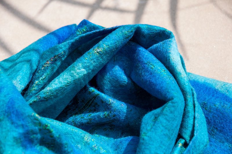 羊毛毡丝巾/湿毡丝巾/水彩艺术感围巾/羊毛渐层感丝巾-蓝色地中海 - 丝巾 - 羊毛 蓝色
