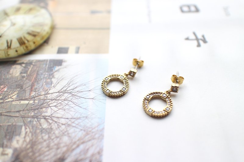 心圆-锆石 黄铜耳环-可改夹 - 耳环/耳夹 - 其他金属 金色