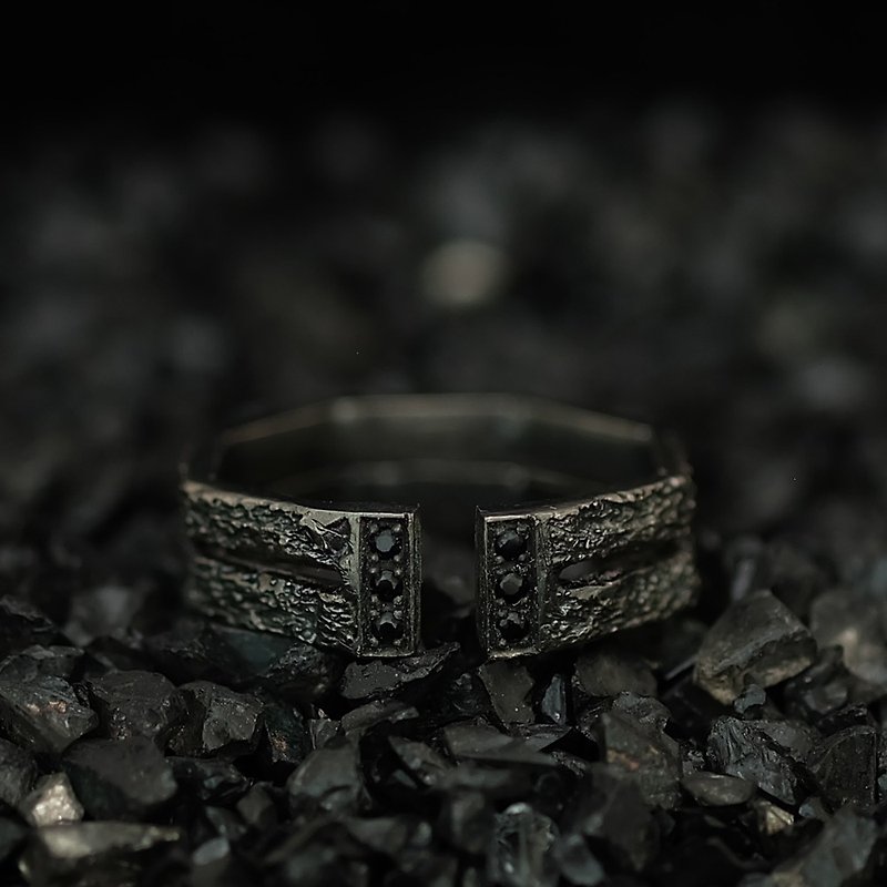 Water Element Stone ring - 戒指 - 纯银 黑色