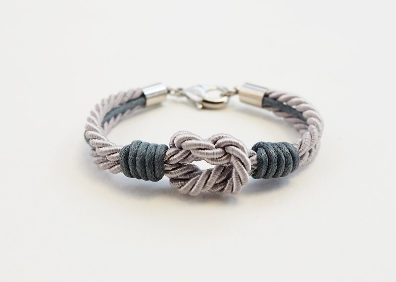 Light grey tie the knot bracelet with dark grey waxed cotton cord - 手链/手环 - 其他材质 灰色