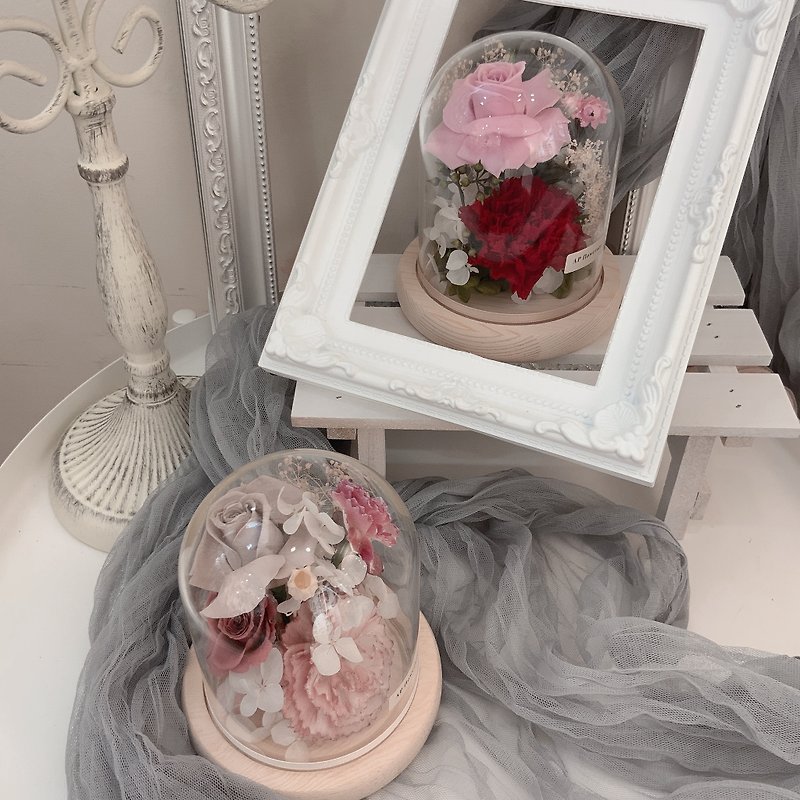 设计师款母亲节永生康乃馨/玫瑰玻璃罩盅花礼组合 - 干燥花/捧花 - 植物．花 粉红色