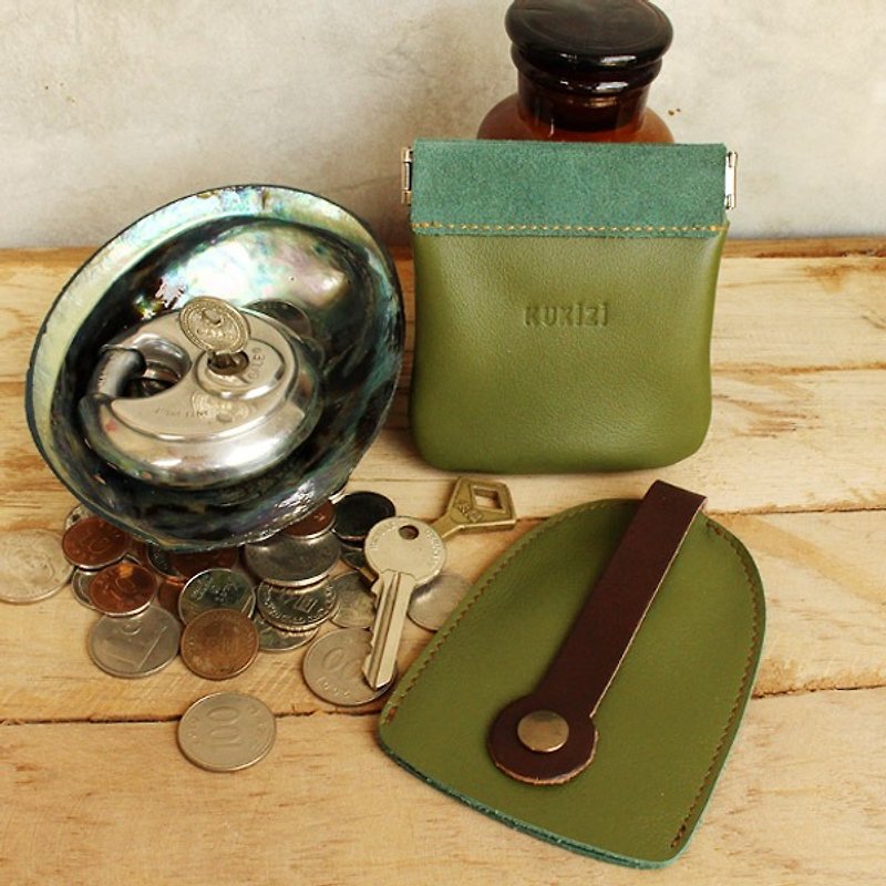 Set of Coin Bag & Key Case - Olive Green + Brown Strap (Genuine Cow Leather) - 零钱包 - 真皮 