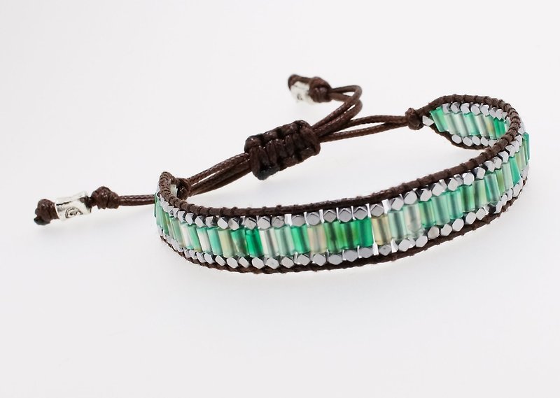 手织小柱管绿玛瑙黑胆石拉绳手錬 ( Handmade Gems Bracelet ) - 手链/手环 - 宝石 绿色