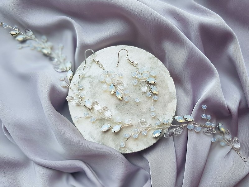 新娘首饰套装白色蛋白石水晶发藤耳环, 新娘发片 - 耳环/耳夹 - 其他材质 透明