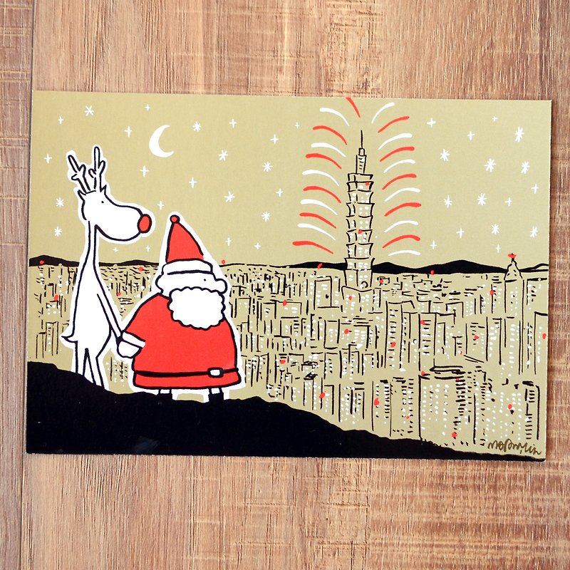 圣诞卡-新款2018圣诞老人与麋鹿日常明信片12号: 新年快乐台北101 - 卡片/明信片 - 纸 金色