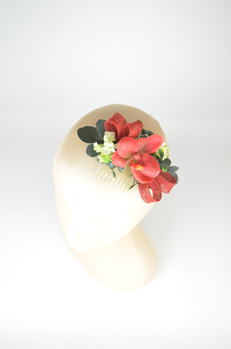 Headpiece Hair Comb Red Orchid with Lime Green Flowers, Foliage and Sinamay Bow - 发饰 - 其他材质 红色